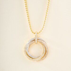 Cartier 18k Double Chain Triple Ring Full Diamond Pendant Necklace